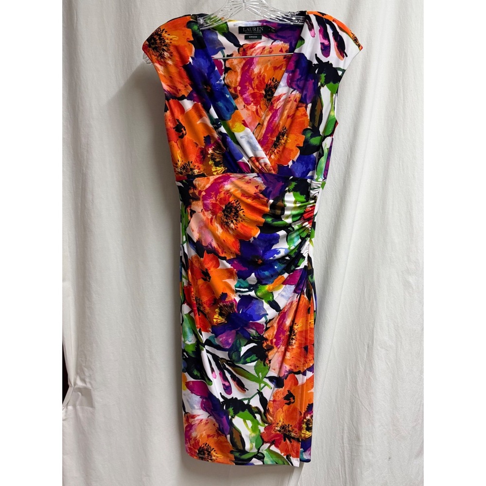 Lauren Ralph Lauren Floral Sheath Dress Orange Purple V-Neck Ruched Size 2
